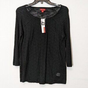 Women's ELLE, Black, Lace Front, 3/4 Sleeves, Pullover Tunic Top; Size XS